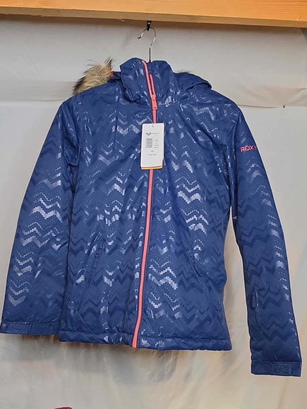 Roxy Girls Navy Chevron Puffer Jacket with Orange Trim